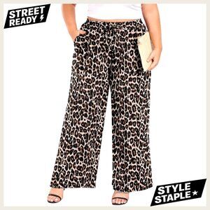 Plus Size Wide Leg Palazzo Pants High Waist Elastic Casual Trousers with Pockets